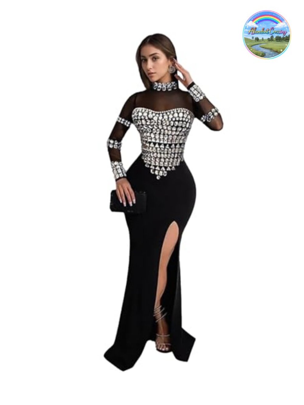 Rhinestone Mesh Evening Gown Long Sleeve Backless Club Party Dress